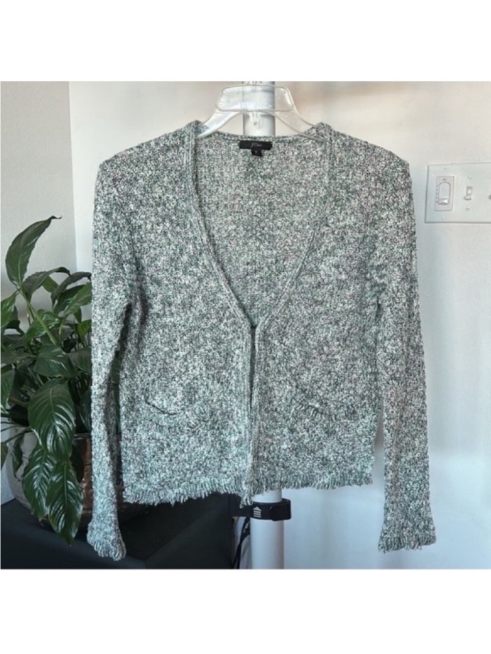 J. Crew Lady Knit Sweater Cardigan Jacket with Fringe Sz M Green White